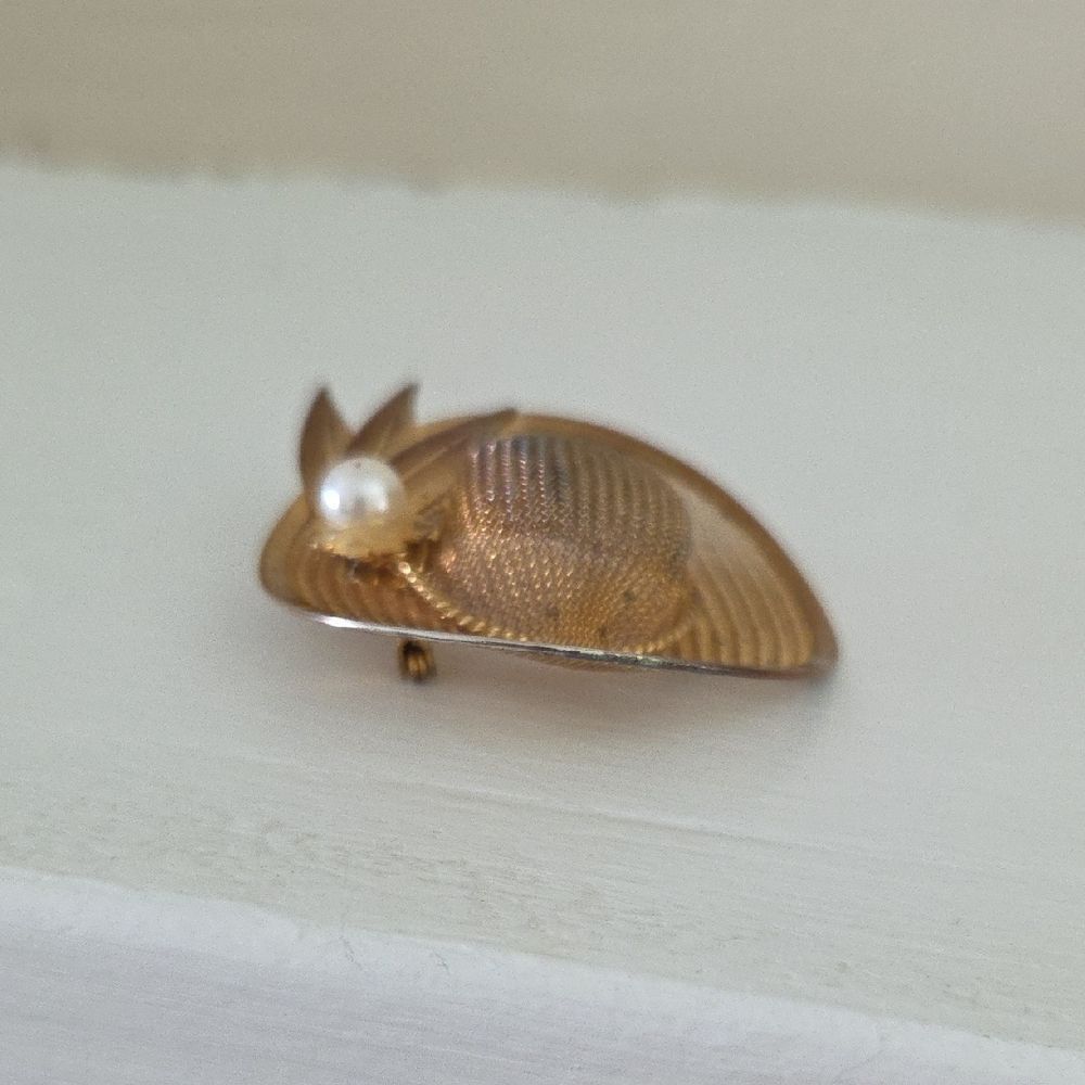 Gold Hat Brooch with Pearl Accent